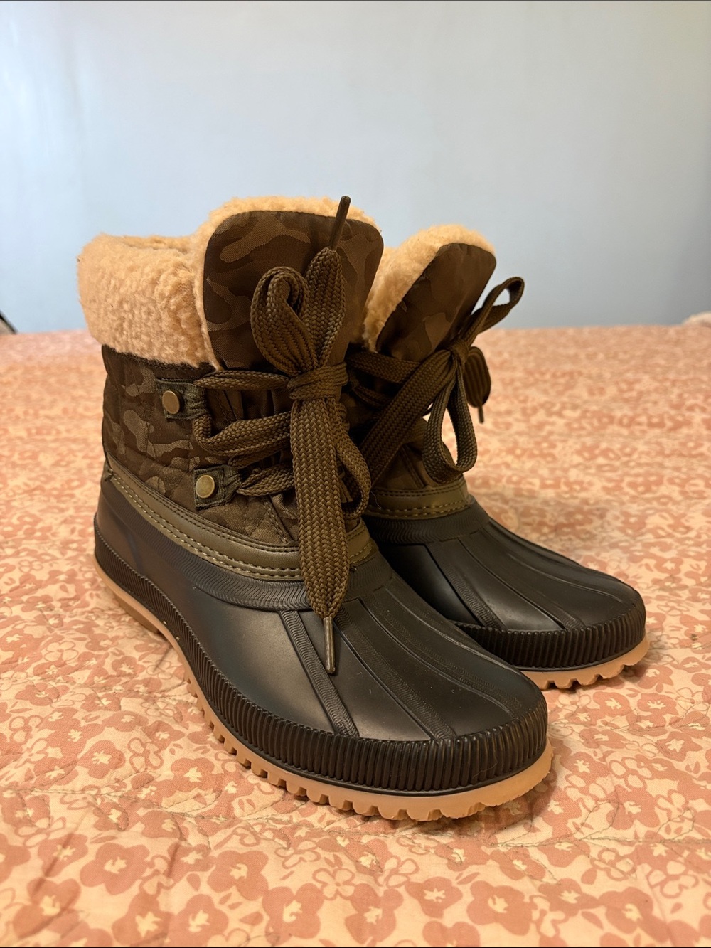 Maurices Olive Green & Black Faux Fur Winter Duck Boots